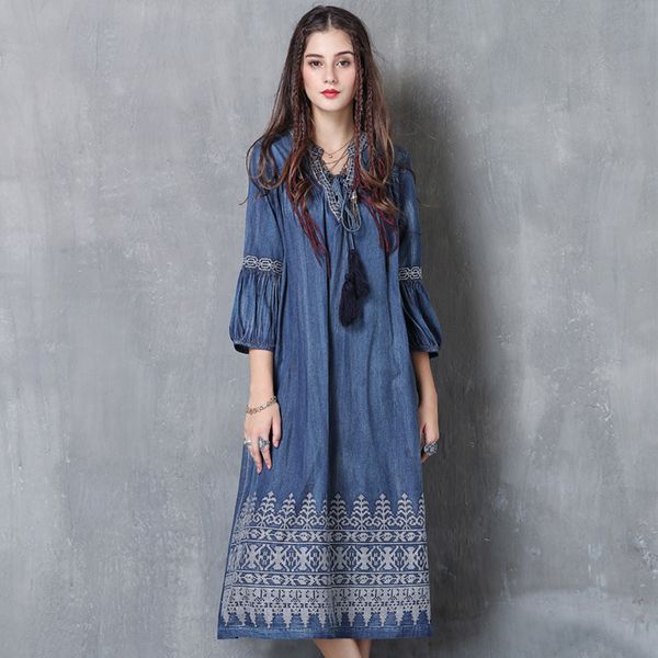 

johnature autumn retro fashion v-neck embroidery women denim dress leisure comfortable plus size lantern sleeve dresses 210521, Black;gray