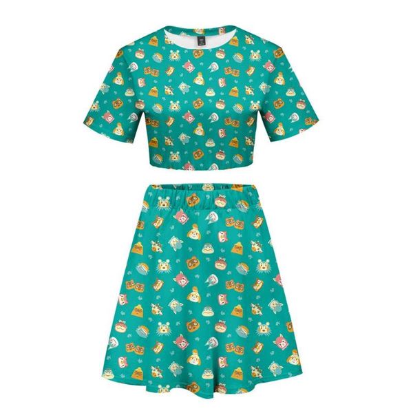 

skirts cartoon animal crossing fashion style suit woman two-piece summer short-sleeved crop skirt suitable casual street clothing, Black
