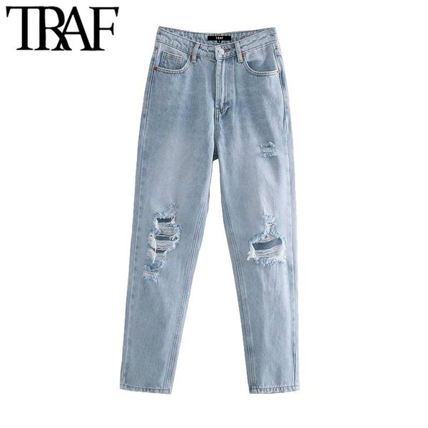 TRAF Donna Chic Fashion Tasche laterali con foro strappato Jeans Vintage Vita alta Zipper Fly Denim Pantaloni alla caviglia femminili Mujer 210415