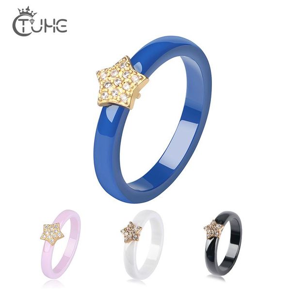 

cluster rings fashion 3mm width ceramic ring with crystal star for women elegant jewelry black white pink blue smooth gifts, Golden;silver