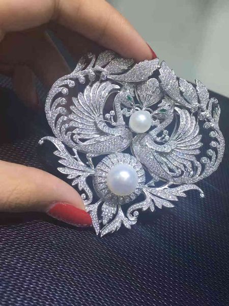 Victoria Natrual perla de agua dulce doble Fénix broche pines 925 plata esterlina con joyería de moda de circón cúbico