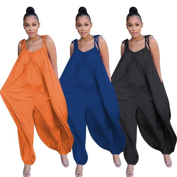 

women's jumpsuits & rompers loose size women straps v neck sleeveless leisure overalls pants full length 2021 summer 3 colors + pockets, Black;white