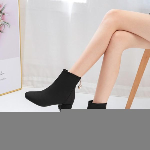 

boots oversized 9 10 12 women shoes ankle for ladies woman winter rear zipper square tip thick heel, Black