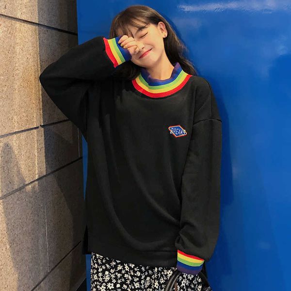 

women's hoodies & sweatshirts rainbow collar sweatshirt women harajuku clothes pullover korean plus size cotton casual streetwear, Black