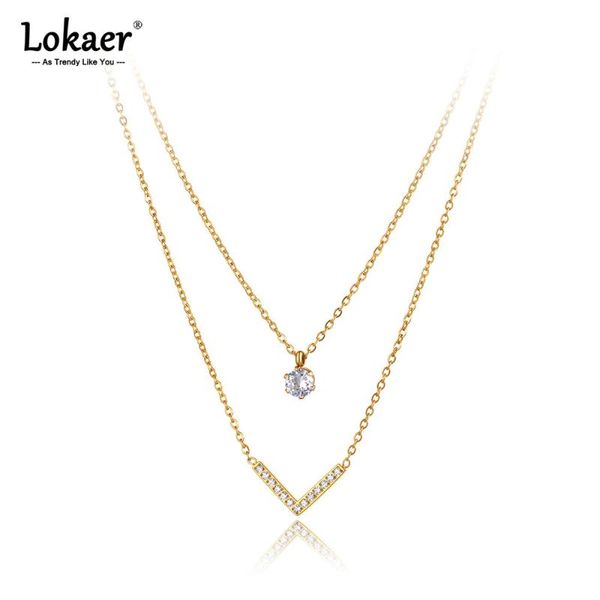 

chokers lokaer goth 316l stainless steel cz crystal charm pendant necklaces bohemia double layer choker necklace for women girls n21112, Golden;silver
