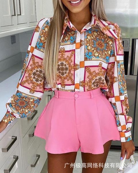 

women's tracksuits pink printed shirt suit women 2021 summer, Gray