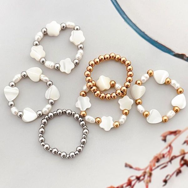 

wedding rings multi-style natural freshwater pearl for women love star flower geometric moonstone beaded ring adjustable jewelry girls, Slivery;golden