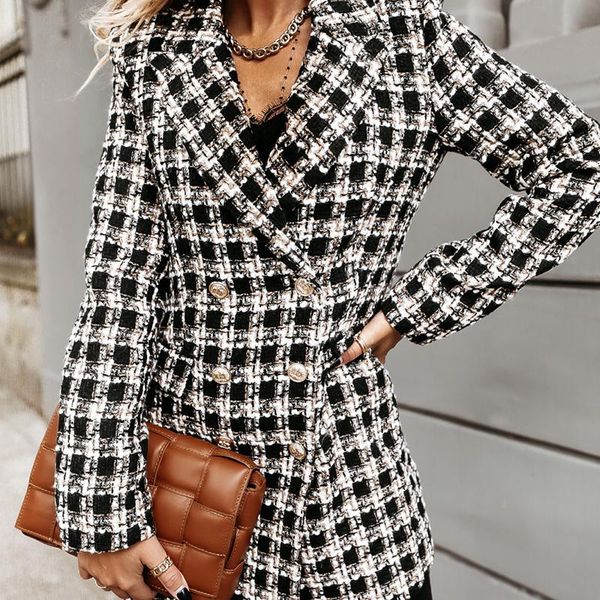 

women's wool & blends trench jacket tweed vintage casual plaid woolen coat women slim long sleeved suit collar double breasted outwear, Black