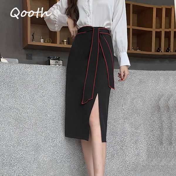 Qooth Büro Dame Schwarz Maxi Rock Unregelmäßige Rüschen Split Röcke Sommer Herbst Plus Größe XXL Hohe Taille Chiffon Elegante QT066 210609