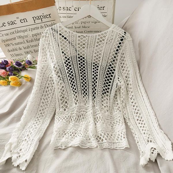 

[ewq] 2021 summer fashion hollow thin irregular long-sleeved o neck gold velvet camisole two-piece ladies pullover knitting women's swe, White;black