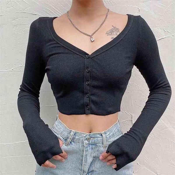 

women long sleeve crop deep v neck basic solid black white casual tshirt women crop tee shirt summer autumn 210518