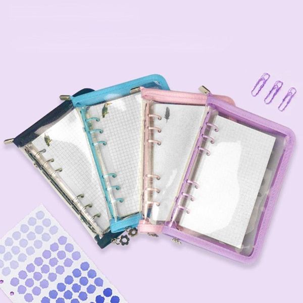 

notepads a5 a6 6 hole binder glitter zipper pvc loose-leaf notebook diary clips cover korean journal stationery office school suppli c3d8, Purple;pink