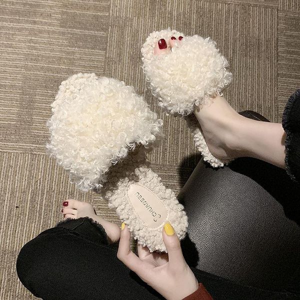 

women cozy house slippers winter warm faux fur flat shoes ladies furry plush home slides fashion fuzzy indoor open toe zapatos, Black