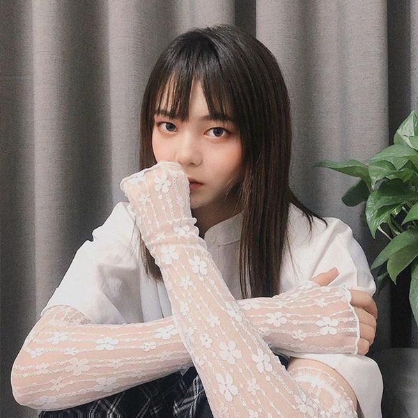 

five fingers gloves fashion lace hollow out fingerless long summer outdoor sunscreen driving cycling thin mesh breathable sleeves women acce, Blue;gray