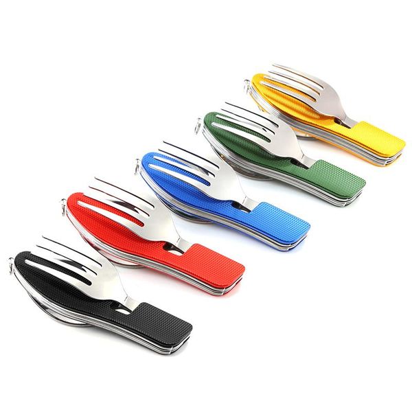 

camp kitchen outdoor 4 in 1 tableware fork/spoon/knife/bottle opener camping stainless steel folding pocket kits