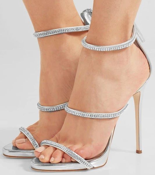 

moraima snc selling crystal embellished woman sandals open toe silver leather ankle strap gladiator shoes party dress heels, Black
