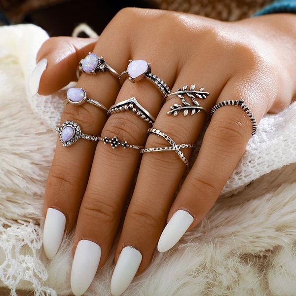 

cluster rings 9 pc women ring set heart love water drop leaf hip punk club pub fashion jewelry accessories finger, Golden;silver