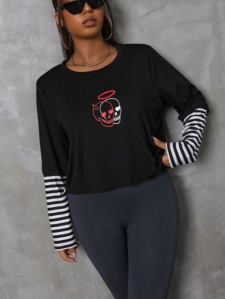 

plus striped & skull print 2 in 1 tee y9ty#, Black