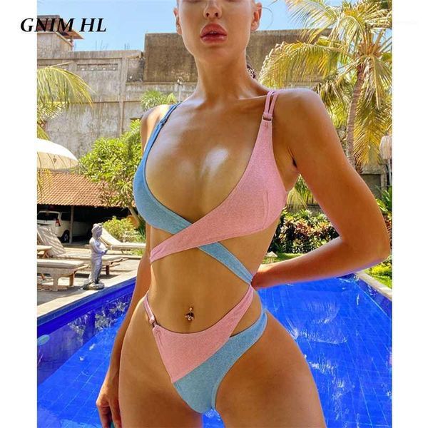 

bandage bikini swimsuit women 2021 stitching color swimwear beachwear summer backless bathing suit two piece1
