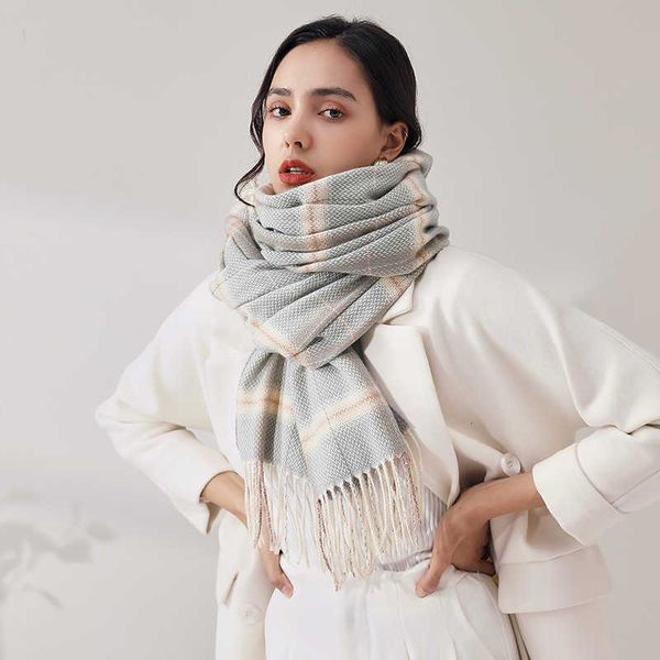 

plaid scarf imitation cashmere female japan south korea sweet shawl warm woven tassel scarf autumn and winter, Blue;gray