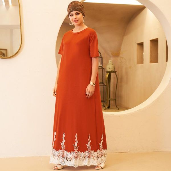 

casual dresses products ladies fashion lace stitching loose long stretch knitted round neck home orange red t-shirt woman dress, Black;gray