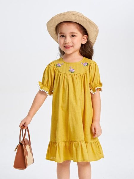 

toddler girls floral embroidered puff sleeve ruffle hem dress she, Red;yellow