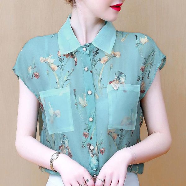 

women's blouses & shirts blusas mujer de moda 2021 blouse women short sleeve turn down collar print chiffon shirt d347, White