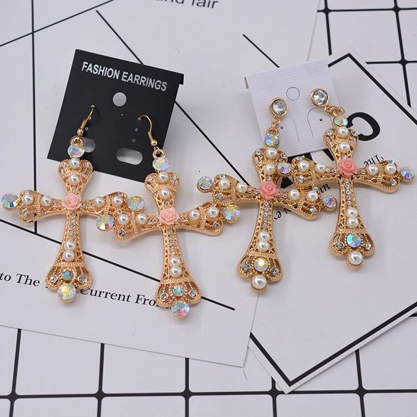 

dangle & chandelier fashion catwalk show vintage baroque exaggerate cross young ladies zircon ear wire earrings women eardrop jewelry gift, Silver