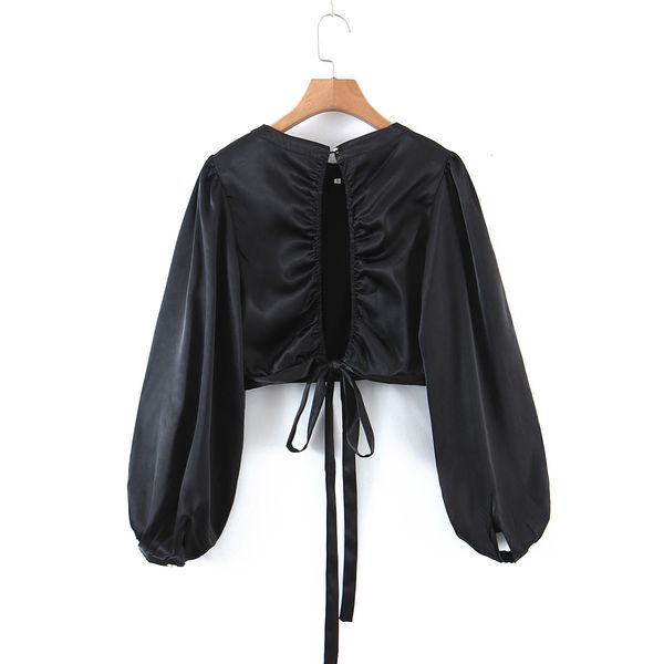 

t shirt vintage spring new round neck long sleeves women's shirts temperament silk satin hollow open back short chic female, White