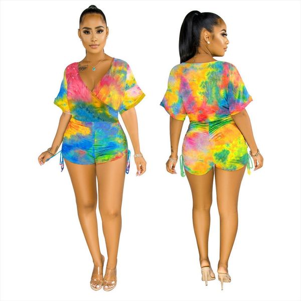 

rainbow v neck playsuit womens rompers short sleeve drawstring shorts pants casual jumpsuit summer outfit tye dye romper tracksuit, Black;white
