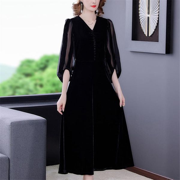 

casual dresses autumn winter black velvet for women lantern sleeve designer dress mom mother middle age elegant party vestidos, Black;gray