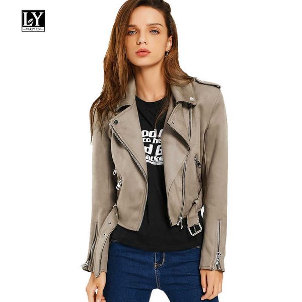 

ly varey lin spring women turn-down collar suede jacket coat short design zipper lady motorcycle vintage punk outerwear 210526, Black