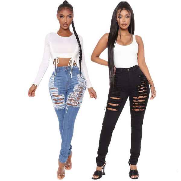 

fashion hole breaking water washing slim fit elastic denim leggings, Blue