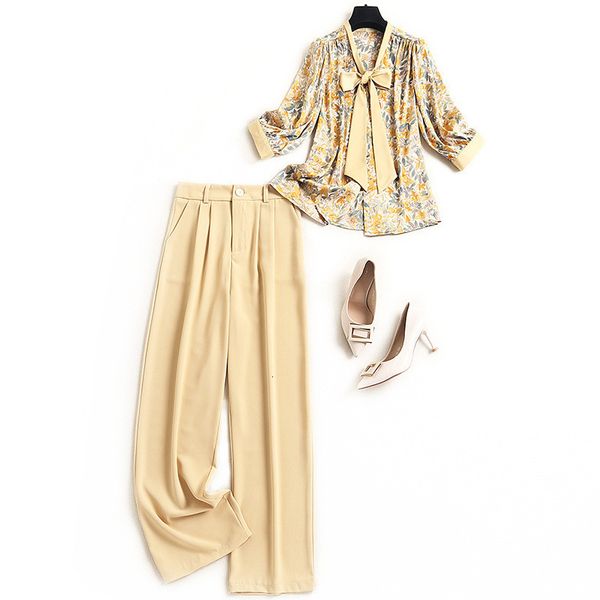 

pant fashion will see stylish lady designers office two pieces women's clothes floral bow collars impression blouse and suit pants, White