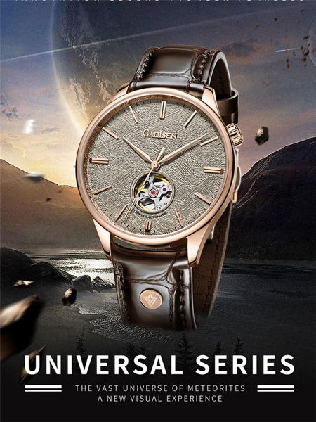 

wristwatches cadisen men mechanical miyota 82s0 watch italian leather sapphire automatic hollow out watches mens diving clock, Slivery;brown