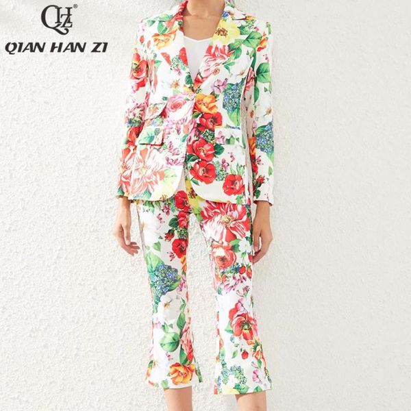 

women's two piece pants qian han zi winter designer fashion autumn set suit collar long-sleeved one-button coat+vintage floral print, White