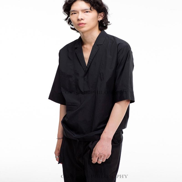 

men's casual shirts the summer lapel big v-neck short sleeve shirt simple loose black half turtleneck invisible pocket, White;black