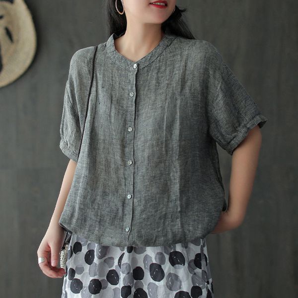 

johnature cotton linen 3 color o-neck short sleeve single breasted shirt summer simple comfortable all-match women 210521, White