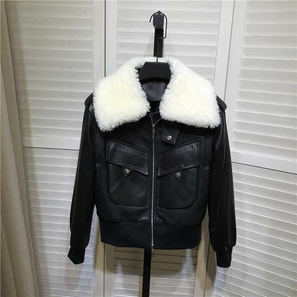 

women's leather & faux spring women autumn brand genuine jackets chic real sheepskin biker coat b635, Black