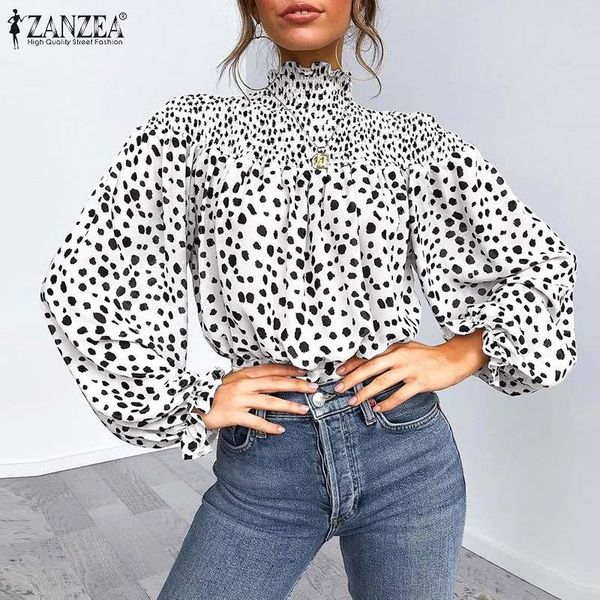 

women's blouses & shirts zanzea fashion womens elegant pleated blusa 2021 autumn polka dot tunic lady stylish casual long sleeve overs, White