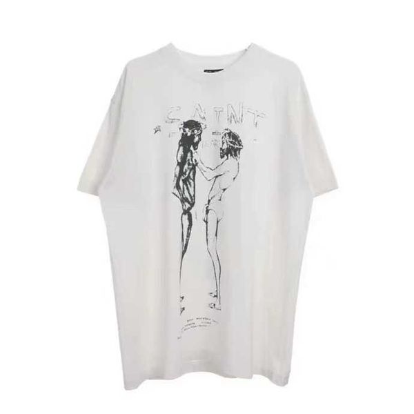 

men's t-shirts vintage saint alphabet portrait graffiti print round neck short sleeve t-shirt high street fashion brand loose tee, White;black