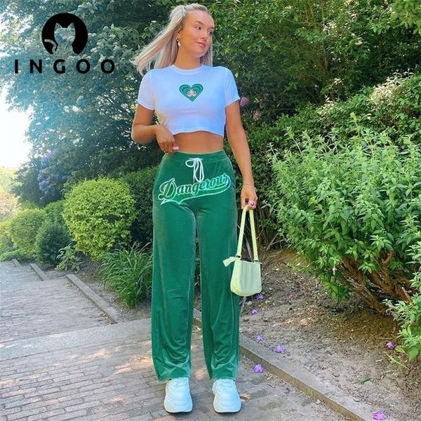 

ingoo y2k street tracksuit 2 pieces set women casual print cropped and letter straight sweatpants suit female sport outfits 220315, White