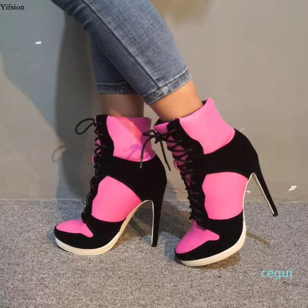 

boots women platform ankle stiletto high heel round toe pretty rose red white casual shoes plus us size 4-15, Black