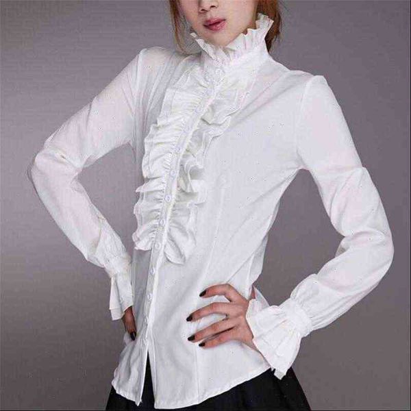 

fashion victorian ol office women shirts white high neck frilly ruffle cuffs female blouse