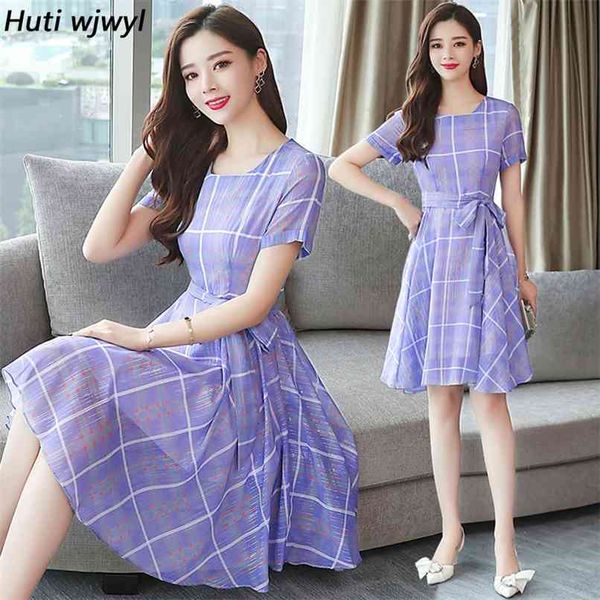 

korean vintage plus size boho midi dresses summer plaid chiffon beach sundress elegant women short sleeve party vestido 210528, Black;gray