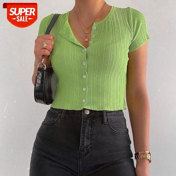 

[in stock]europe and the united states summer round neck short-sleeved t-shirt women 23099 multicolor navel button cardigan #om1e, White