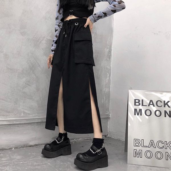 

skirts high waisted side slit black long skirt for women 2021 fashion trends chic clothing plus size ladies maxi goth streetwear