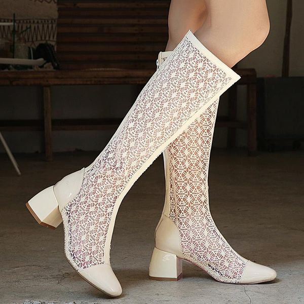 

boots women knee high square heel zipper lace mesh summer cool breathable genuine leather women's shoes, Black