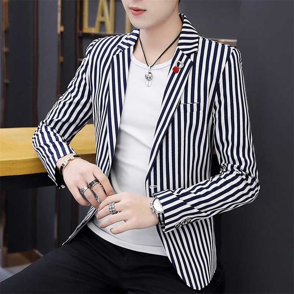 Verão terno masculino casual estilo coreano na moda slim slim estudante listrado terno jaqueta cabeleireiro único top 211120