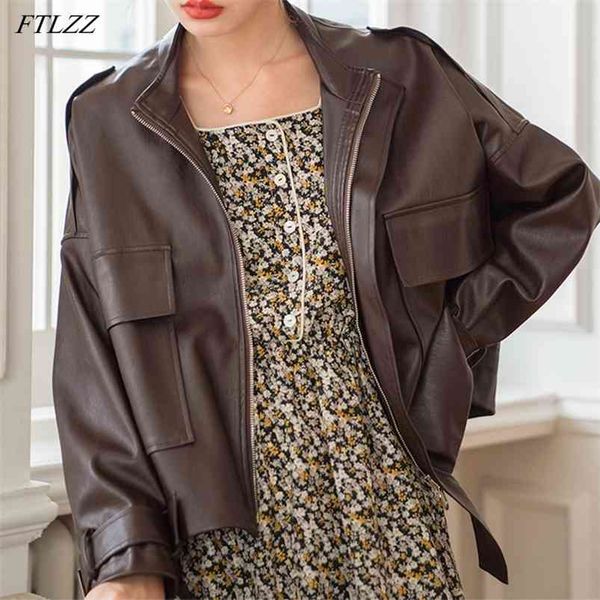 

spring women bf motobike zipper puff sleeve chic pu leather jacket big pocket loose design 210430, Black